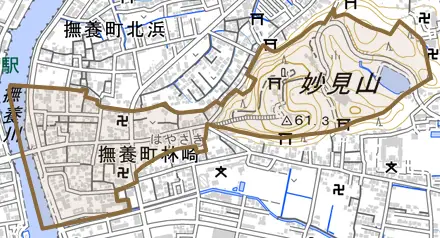 撫養町林崎とその周辺の地図。町の範囲を重ねている