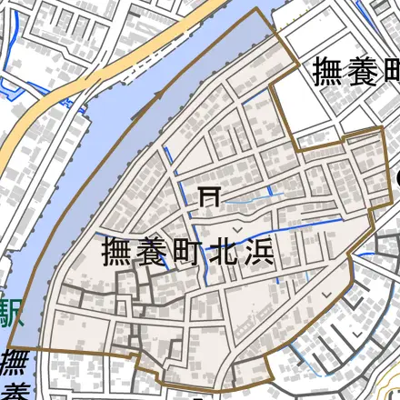 撫養町北浜とその周辺の地図。町の範囲を重ねている