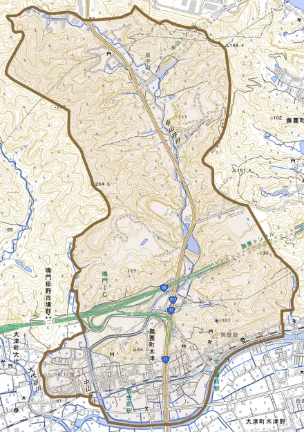 撫養町木津とその周辺の地図。町の範囲を重ねている