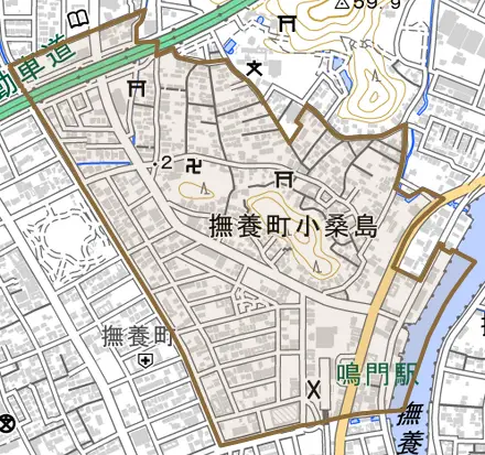 撫養町小桑島とその周辺の地図。町の範囲を重ねている