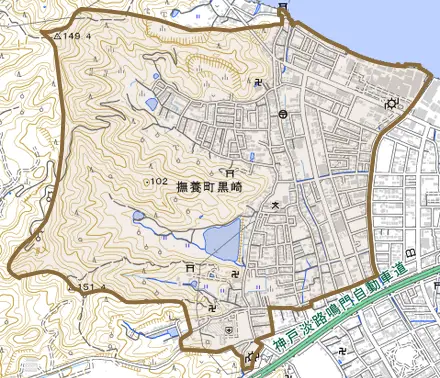 撫養町黒崎とその周辺の地図。町の範囲を重ねている