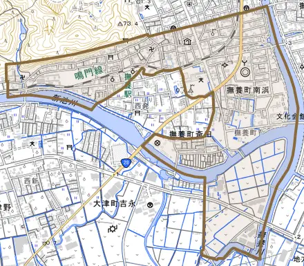 撫養町南浜とその周辺の地図。町の範囲を重ねている
