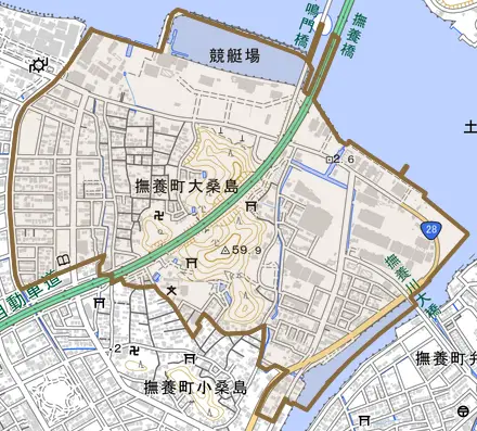 撫養町大桑島とその周辺の地図。町の範囲を重ねている