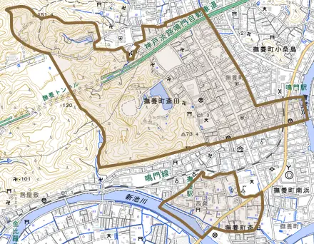 撫養町斎田とその周辺の地図。町の範囲を重ねている