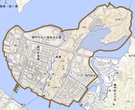 鳴門町高島とその周辺の地図。町の範囲を重ねている