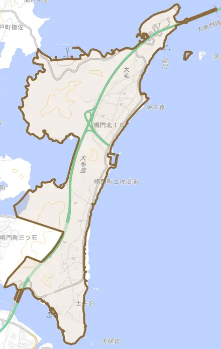 鳴門町土佐泊浦とその周辺の地図。町の範囲を重ねている