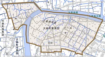 大麻町東馬詰とその周辺の地図。町の範囲を重ねている