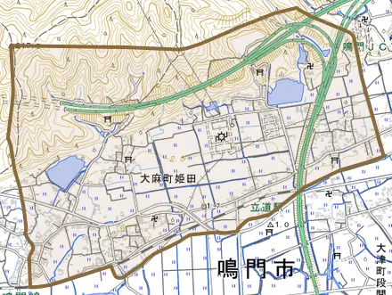 大麻町姫田とその周辺の地図。町の範囲を重ねている