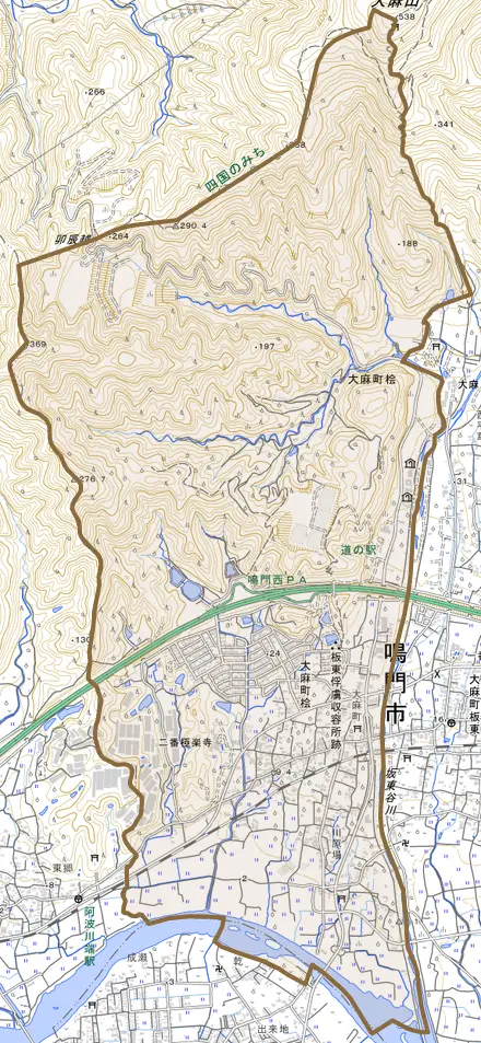 大麻町桧とその周辺の地図。町の範囲を重ねている