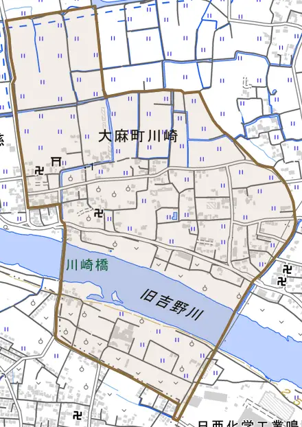 大麻町川崎とその周辺の地図。町の範囲を重ねている