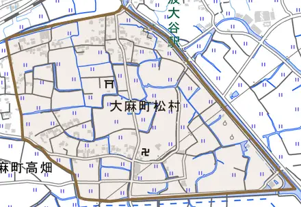 大麻町松村とその周辺の地図。町の範囲を重ねている