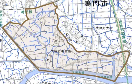 大麻町牛屋島とその周辺の地図。町の範囲を重ねている