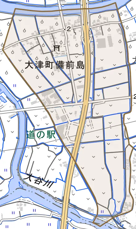 大津町備前島とその周辺の地図。町の範囲を重ねている