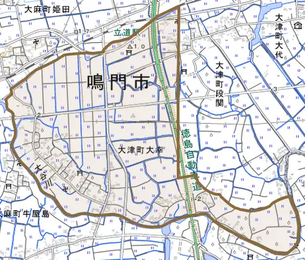 大津町大幸とその周辺の地図。町の範囲を重ねている