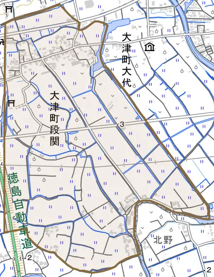 大津町段関とその周辺の地図。町の範囲を重ねている