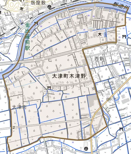 大津町木津野とその周辺の地図。町の範囲を重ねている