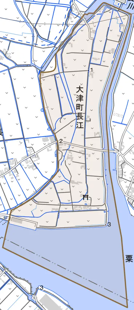 大津町長江とその周辺の地図。町の範囲を重ねている