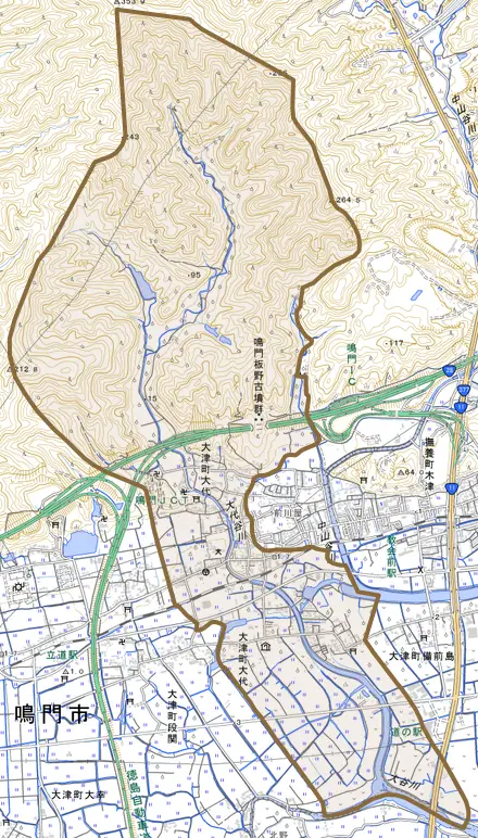 大津町大代とその周辺の地図。町の範囲を重ねている
