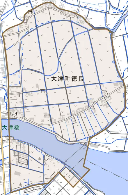 大津町徳長とその周辺の地図。町の範囲を重ねている