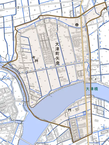 大津町矢倉とその周辺の地図。町の範囲を重ねている