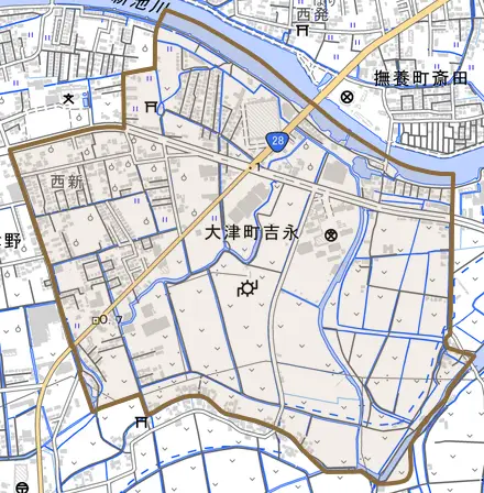 大津町吉永とその周辺の地図。町の範囲を重ねている