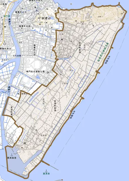里浦町里浦とその周辺の地図。町の範囲を重ねている