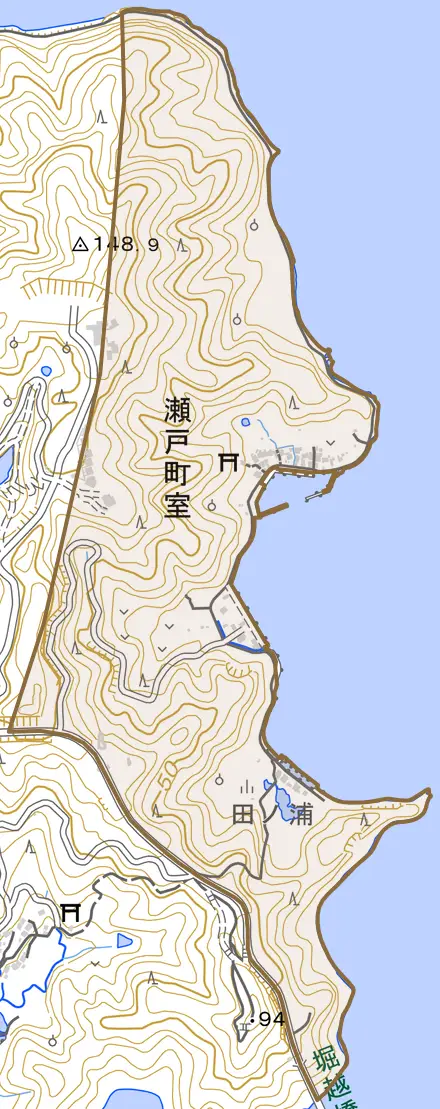 瀬戸町室とその周辺の地図。町の範囲を重ねている