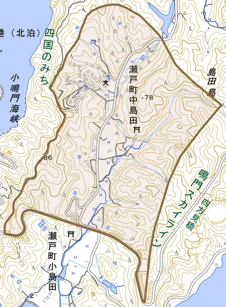 瀬戸町中島田とその周辺の地図。町の範囲を重ねている
