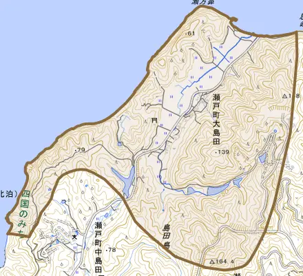 瀬戸町大島田とその周辺の地図。町の範囲を重ねている
