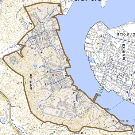 瀬戸町明神とその周辺の地図。町の範囲を重ねている