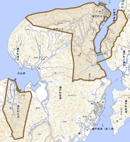 瀬戸町北泊とその周辺の地図。町の範囲を重ねている