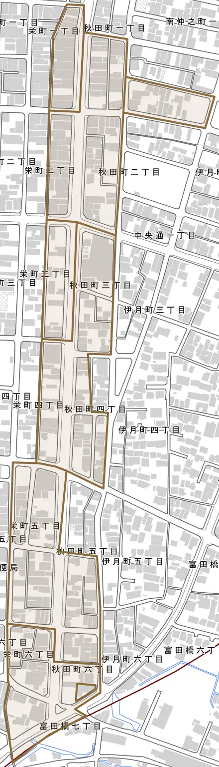 秋田町とその周辺の地図。町の範囲を重ねている