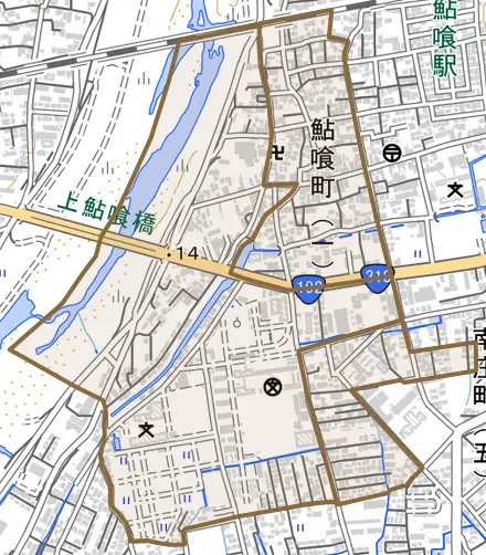 鮎喰町とその周辺の地図。町の範囲を重ねている