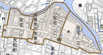 安宅とその周辺の地図。町の範囲を重ねている