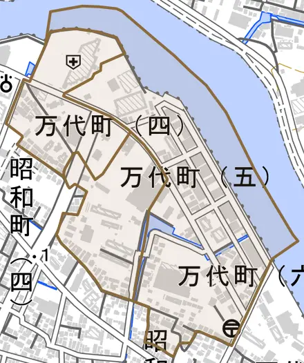 万代町とその周辺の地図。町の範囲を重ねている