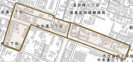 中央通とその周辺の地図。町の範囲を重ねている