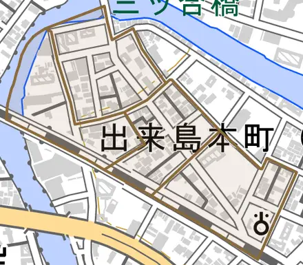 出来島本町とその周辺の地図。町の範囲を重ねている