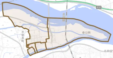 不動東町とその周辺の地図。町の範囲を重ねている
