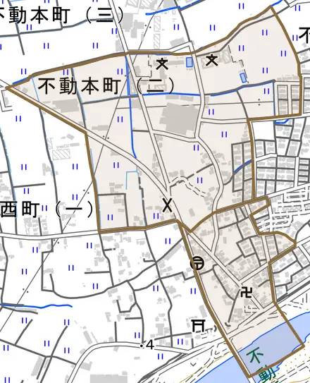 不動本町とその周辺の地図。町の範囲を重ねている