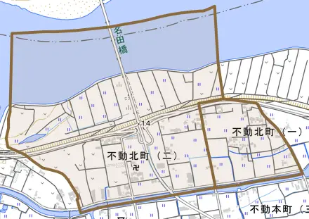 不動北町とその周辺の地図。町の範囲を重ねている