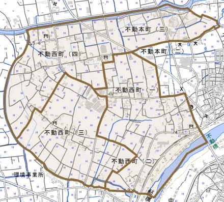 不動西町とその周辺の地図。町の範囲を重ねている