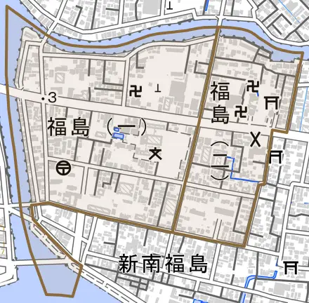 福島とその周辺の地図。町の範囲を重ねている