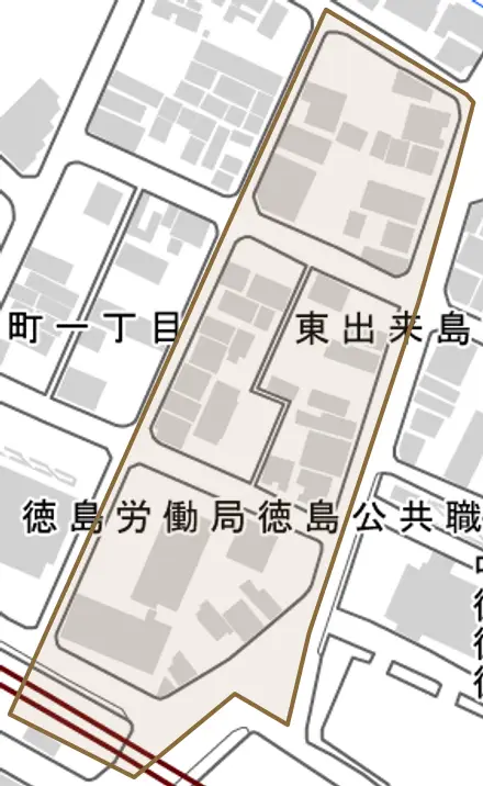 東出来島町とその周辺の地図。町の範囲を重ねている