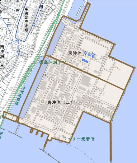 東沖洲とその周辺の地図。町の範囲を重ねている