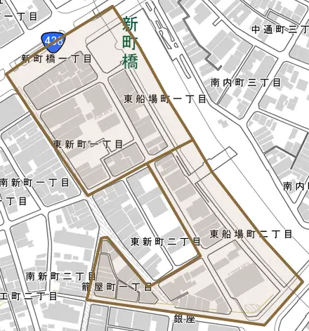 東船場町とその周辺の地図。町の範囲を重ねている
