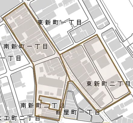 東新町とその周辺の地図。町の範囲を重ねている
