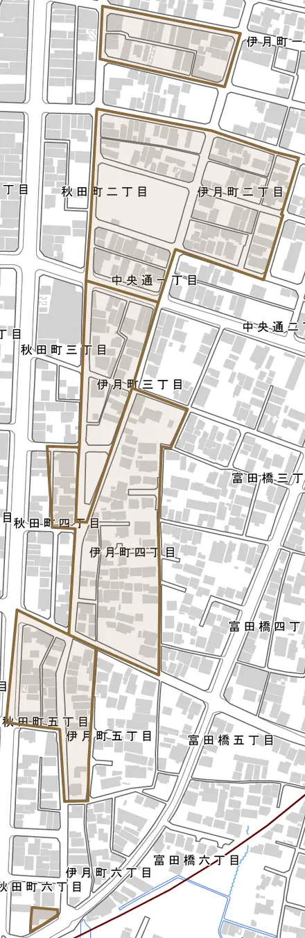 伊月町とその周辺の地図。町の範囲を重ねている