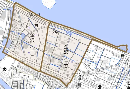 金沢とその周辺の地図。町の範囲を重ねている