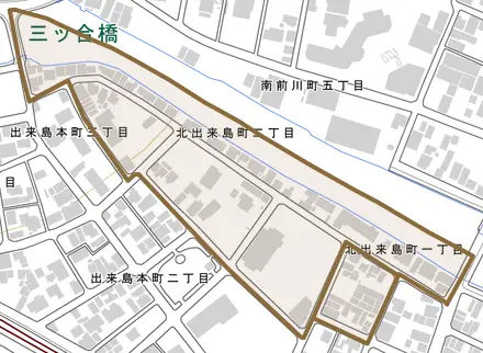 北出来島町とその周辺の地図。町の範囲を重ねている