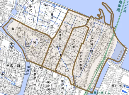 北沖洲とその周辺の地図。町の範囲を重ねている